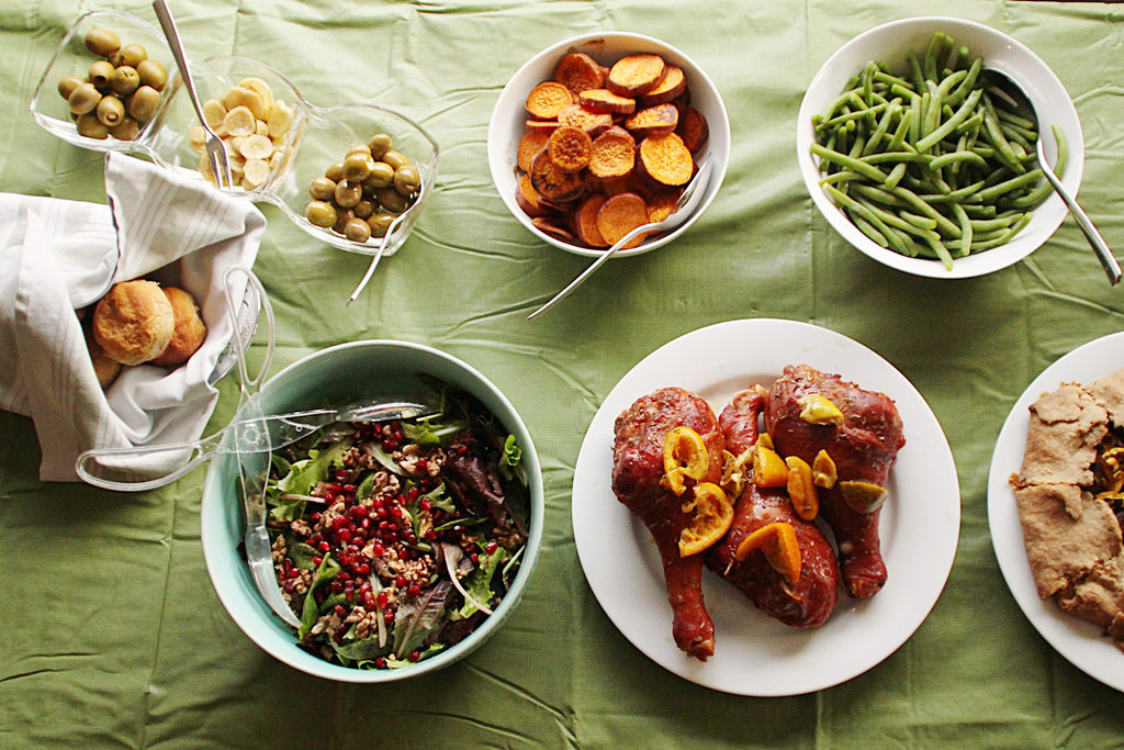 Spread of Thanksgiving food in an apartment