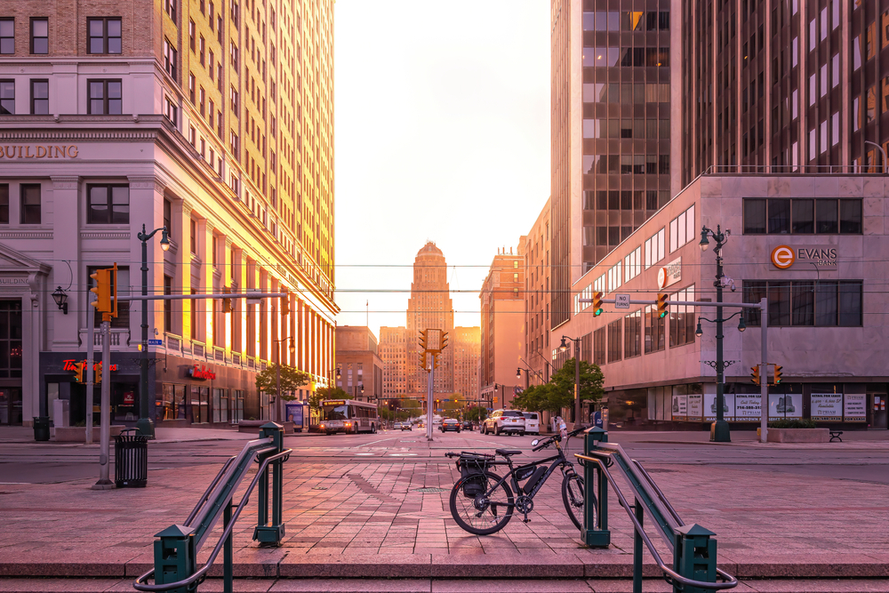 A phot of downtown Buffalo New York at sunset as Ellicott Development lists available office rental properties in Buffalo