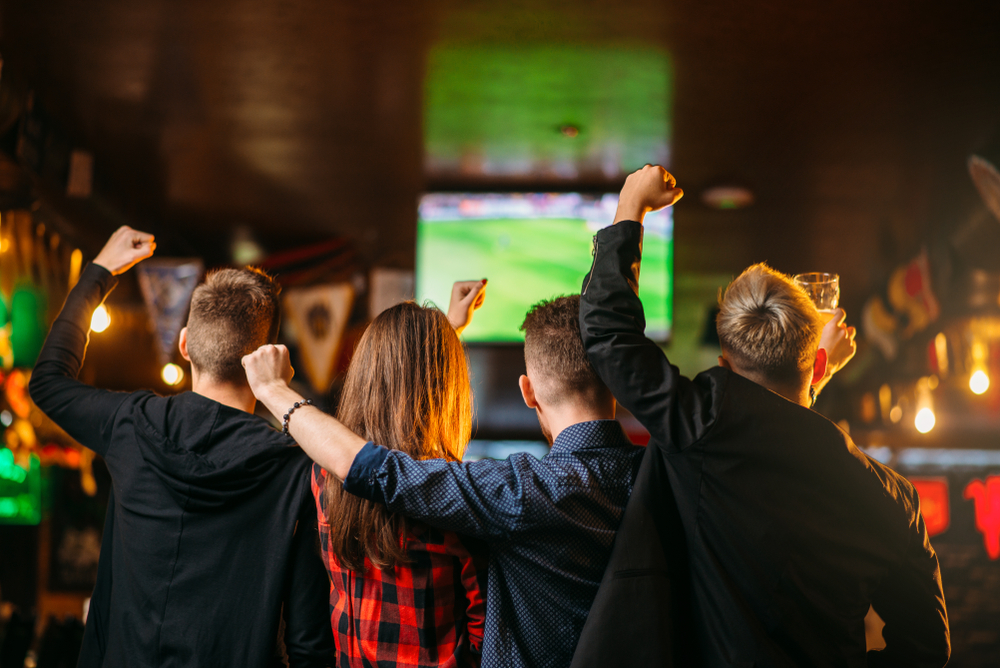 A group of fans cheer for the Buffalo Bills at a Buffalo Bills Fan Bar in Buffalo, NY