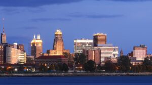 The Buffalo, New York city center at dusk